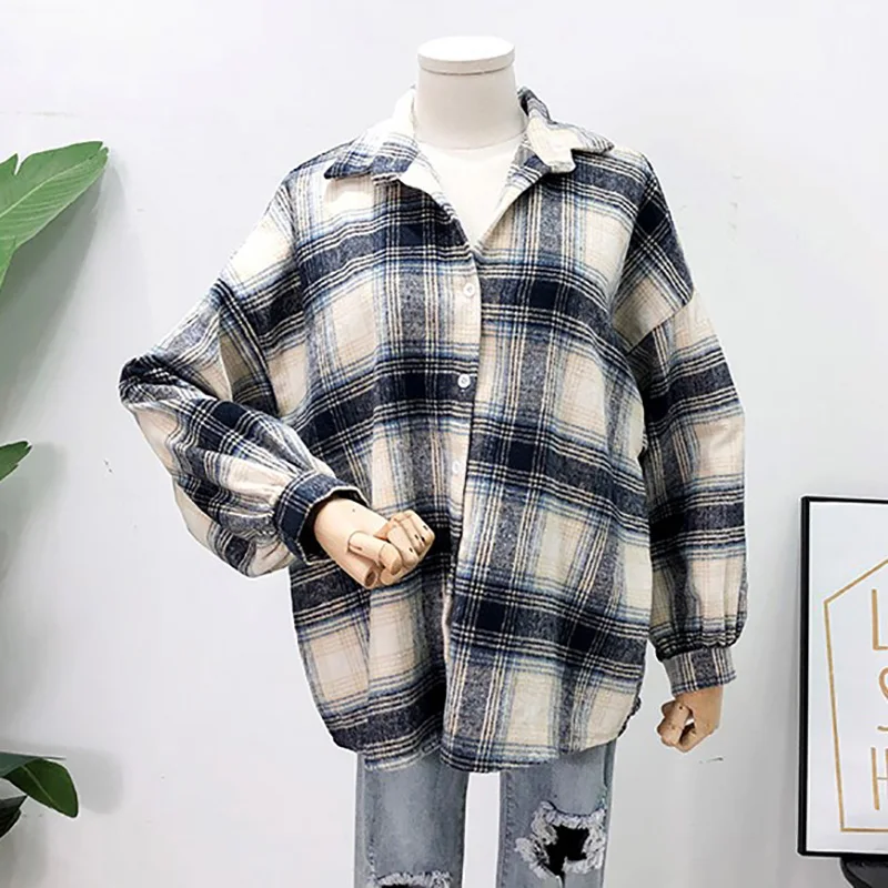 

Yitimoky Women Shirts 2021 Plaid Clothing Button Up Tops Spring Clothes Mid-length Polo-Neck Casual Blouses Korean Fashion New