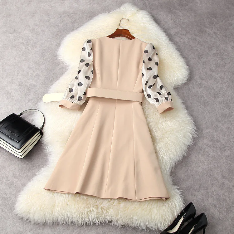 

European and American women's clothing spring 2021 new Polka-dot seven-point sleeve bow V-neck Fashion double-breasted dress