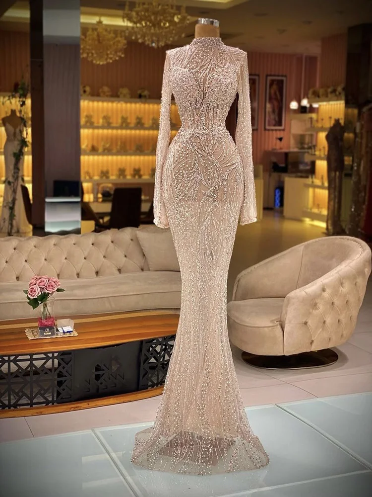 

YILIBER Evening dresses 2021 vintage vlack pearls long sleeves evening gowns beading prom dresses for women short dresses