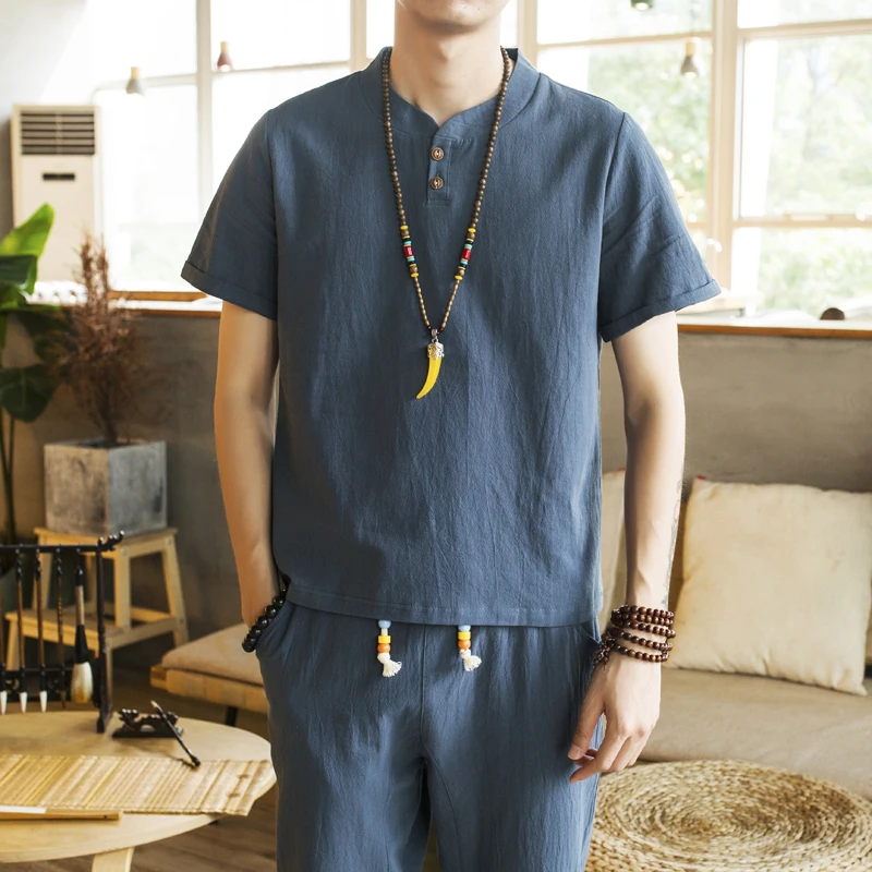 

(Shirt + trousers) 2020 summer men shirt Man Cotton and linen shirts Short sleeve men's fashion casual shirts men size M-5XL