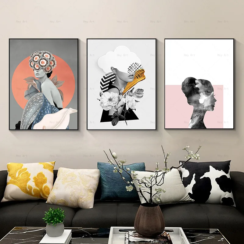 

Canvas Painting Prints Abstract Figures Posters Flowers Cloud Woman Pictures Pink White Black Artwork Wall Art Home Decor