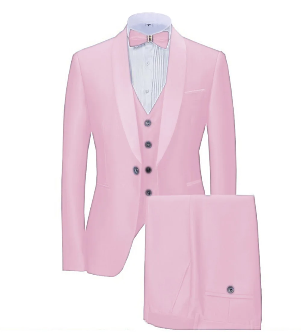 pink Новинка, темно-синие мужские костюмы, 3 предмета, деловой Блейзер, смокинги, шаль с отворотом для свадьбы, жениха(пиджак+ жилет+ брюки - Цвет: pink