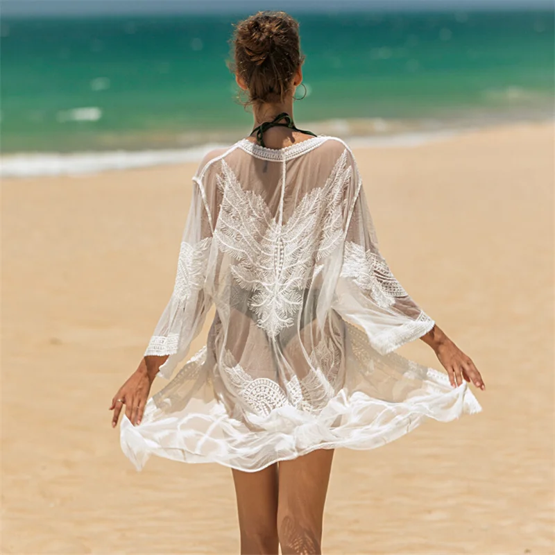 

2021 женская накидка с вышивкой, пикантный прозрачный кардиган с поясом и рукавом три четверти, V-образным вырезом, кружевной кардиган для отд...