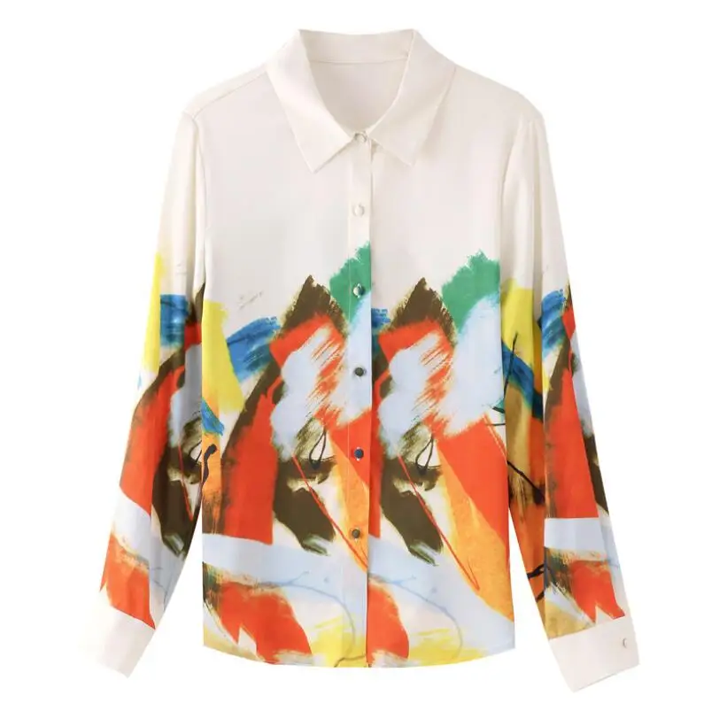 

Shirt Women 2021 Spring Autumn Painting Print Chiffon Blouse Long Sleeve Elegant Modis Tops Frauenhemden Chemises Femmes W106