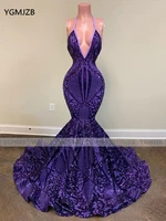 purple sparkly sequin long prom dresses 2020 sexy backless halter african girls mermaid women formal evening party gowns