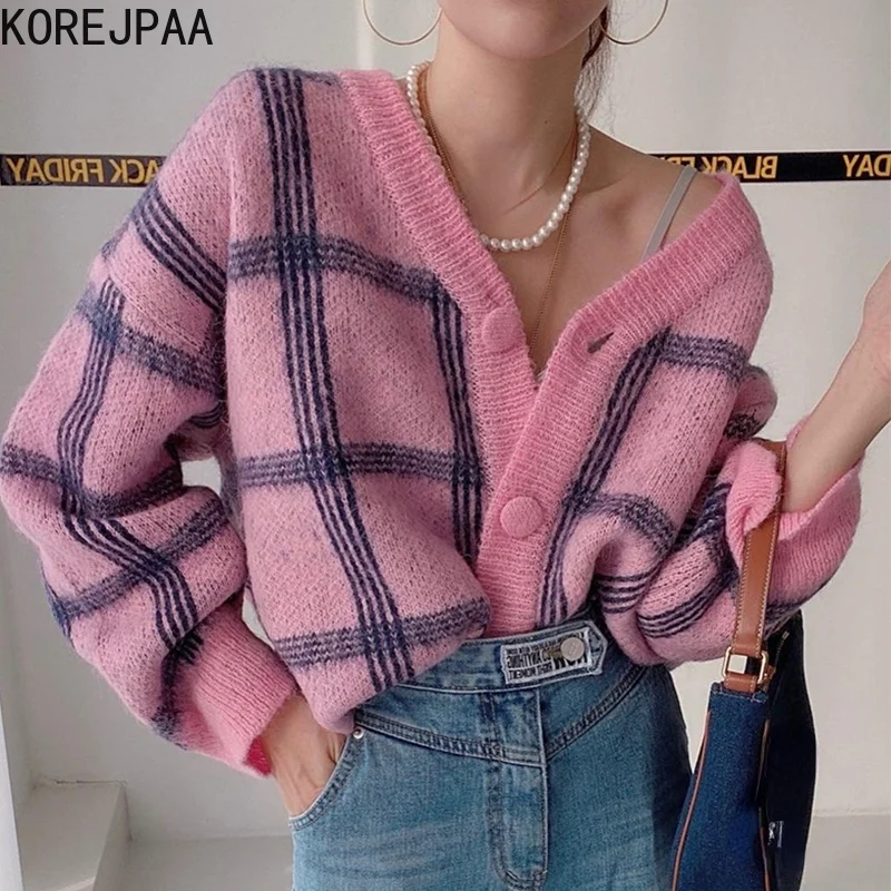 

Korejpaa Vintage Plaid V-neck Cardigans Women Chic Single Breasted Casual Long Sleeve Warm Knitted Sweater Autumn Elegant