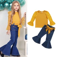 lioraitiin 1 6years toddler baby girl 2pcs clothing set long sleeve lace top long denim flared pants outfit