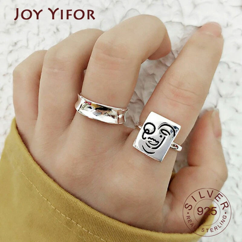 

925 Sterling Silver Terndy Rings for Women Couples Creative Funny Face Geometric Handmade Finger Jewelry Party Gifts
