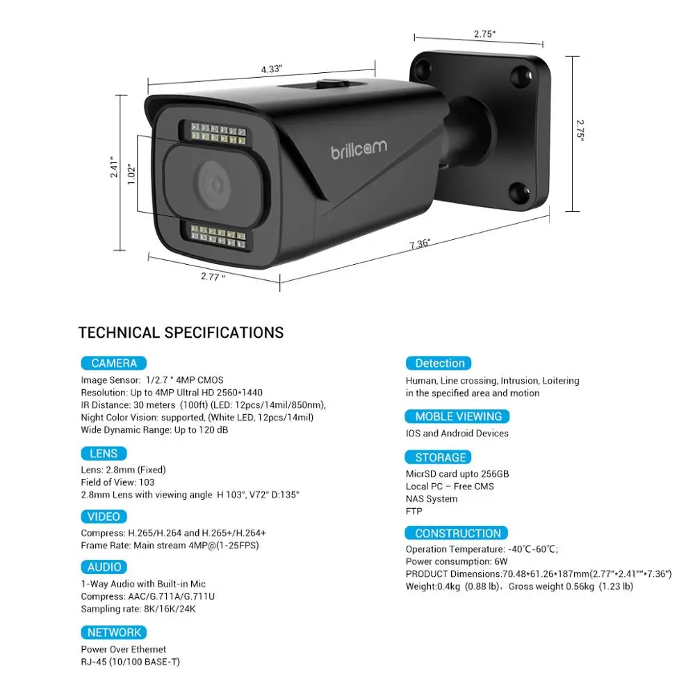 Камера видеонаблюдения Brillcam 4 МП HD POE IP Micro SD AI микрофон IP67 водонепроницаемая