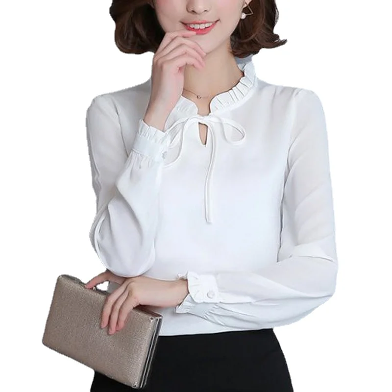 

Женская однотонная блузка с длинным рукавом и воротником