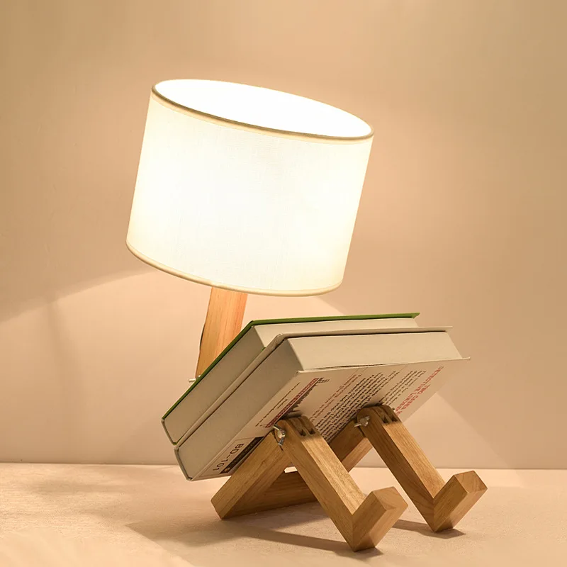 Robot Wood Table Lamps for Living Room Modern Wooden Led Stand Desk Light Fixtures for Bedroom Bedside Lamp Standing Home Decor