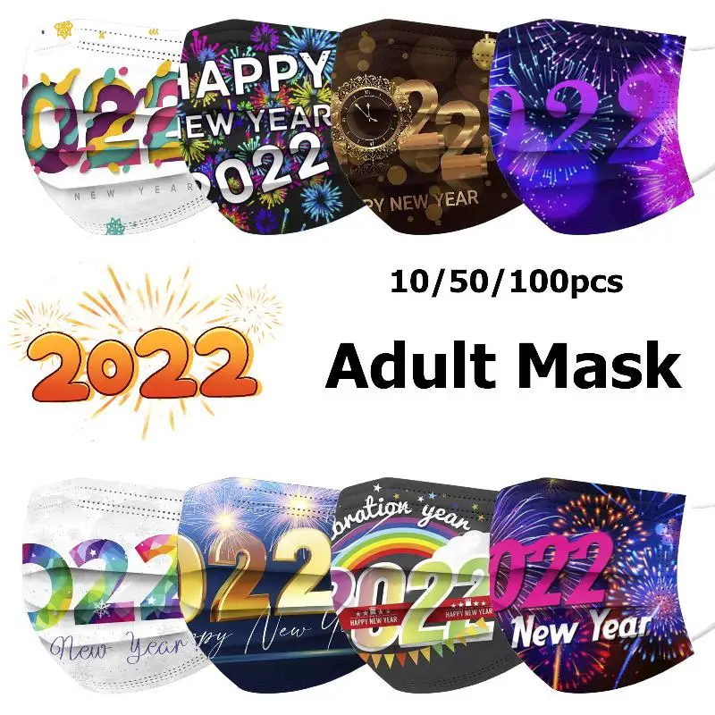 

Mascarillas Adult Disposable Face Mask Christmas 3ply Ear Loop Happy New Year 2022 Print Mouth Masks Masque Crown Masks Mouths