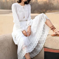 women embroidery patchwork lace white dress long sleeves hollow maxi dress female elegant casual boho beach long vestidos