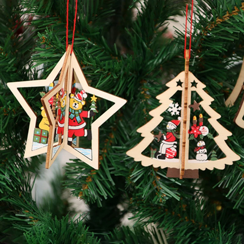 

Christmas Decoration Cute Wooden Hollow Snowflake Santa Claus Ornaments Christmas Tree Bells Stereoscopic Pendants New Year Gift