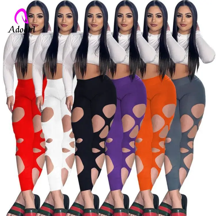 

Distressed Women Skinny Pants 2021 Summer Solid High Waist Hole Pencil Pants Sexy Hollow Out Night Club Party Leggings Trouser