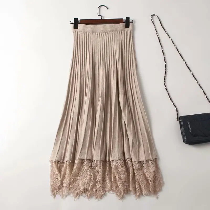 Coffe бежевый серый черный гибкий стрейч высокая талия миди плиссированная линия трикотажная юбка с кружевом для женщин женские юбки saias