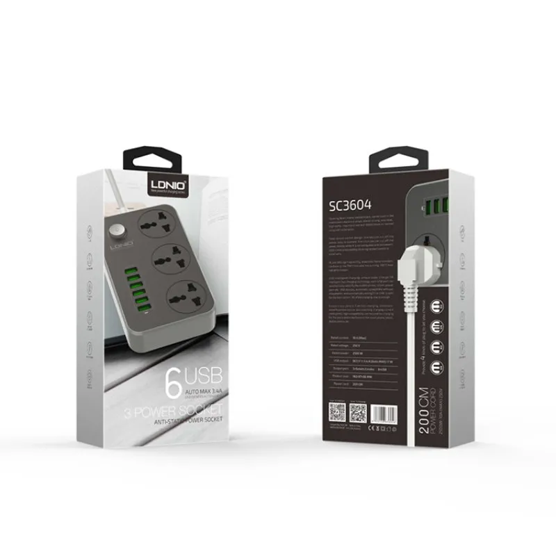 Сетевой удлинитель с 3 розетками и 6 портами USB 4 а/17 Вт 2 м|Удлинители