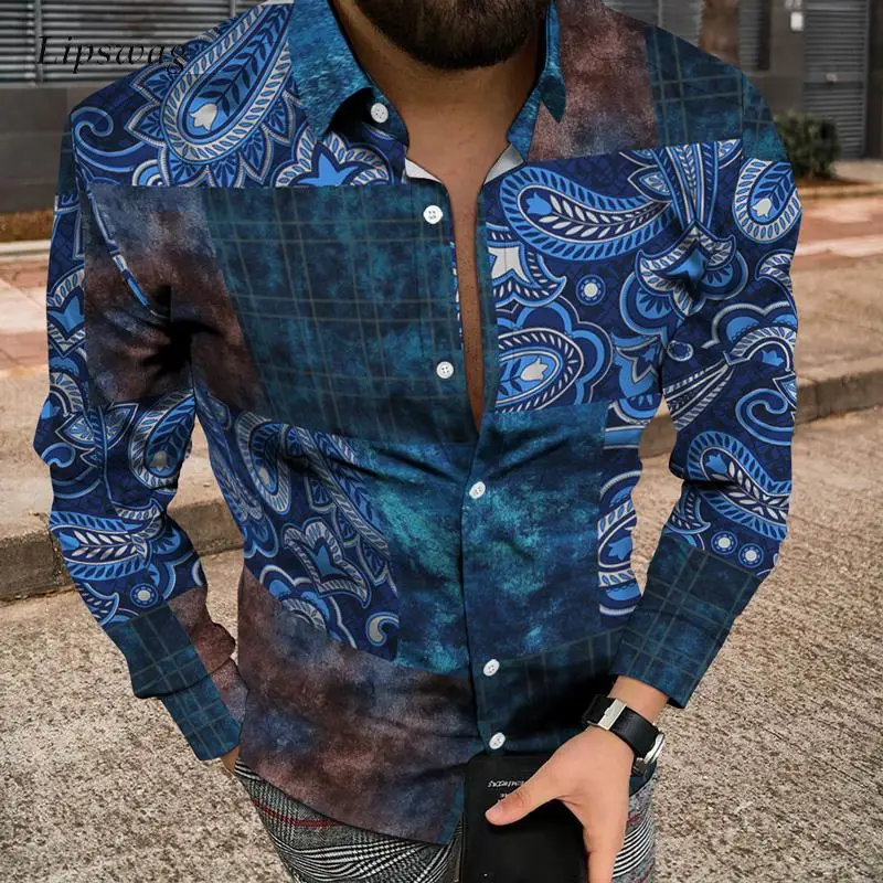 

2022 Retro Pattern Printing Mens Clothing Casual Button Long Sleeve Men Shirt Spring Autumn Casual Turndown Collar Cardigan Tops