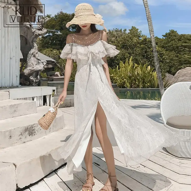 Женское летнее платье с разрезом сбоку макси сарафан оборками элегантные