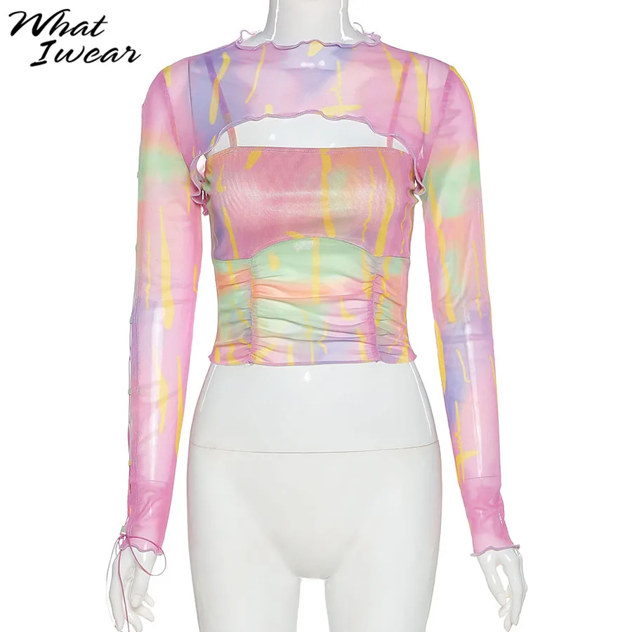 Женские прозрачные футболки 2 шт. сетчатые цветные с длинными рукавами для милых