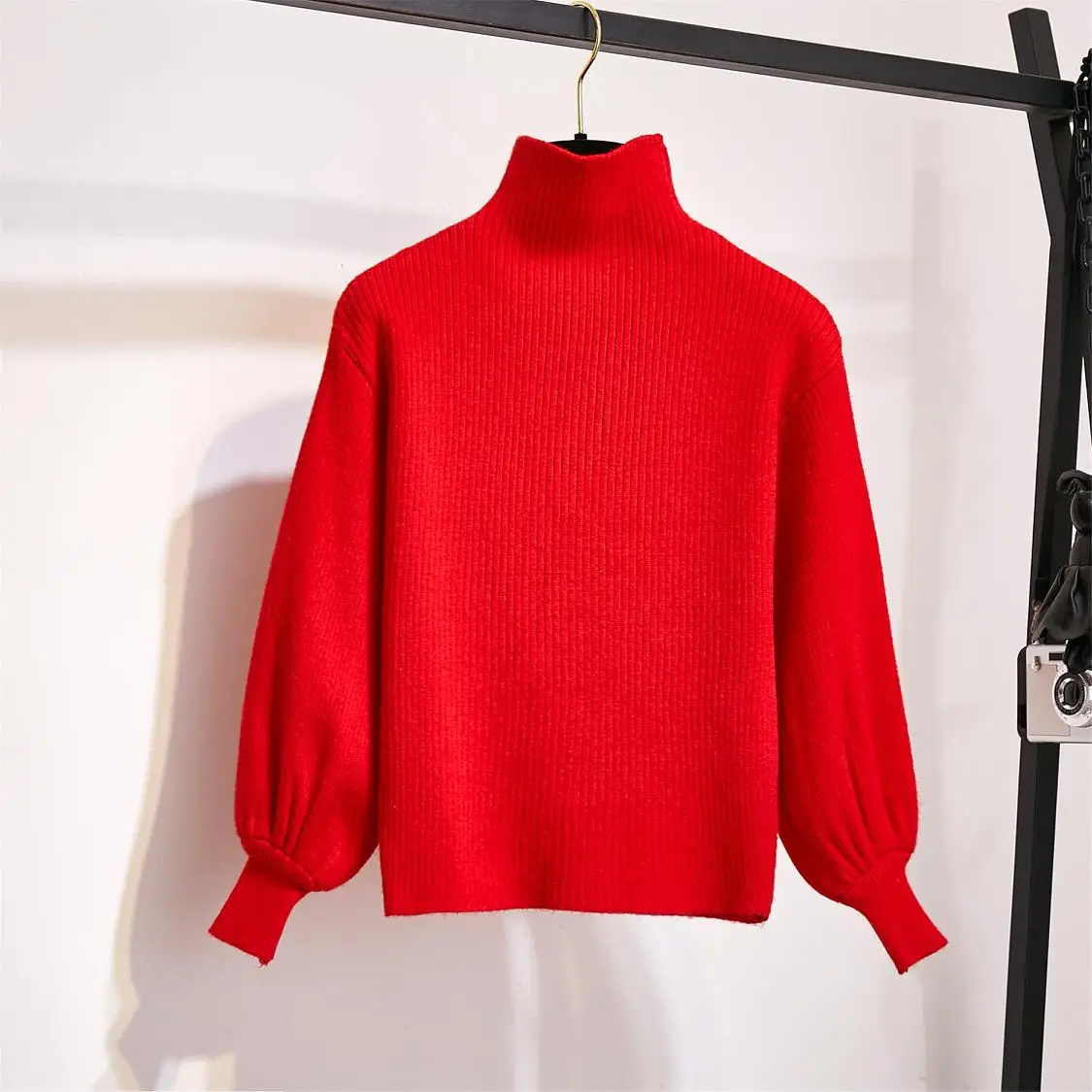red sweater New Winter Pullover Sweater& Woolen Cloth Lantern Sleeve Knitted Top Irregular Skirt Suit With Belt Outfit Casaul Clothes - Цвет: red sweater