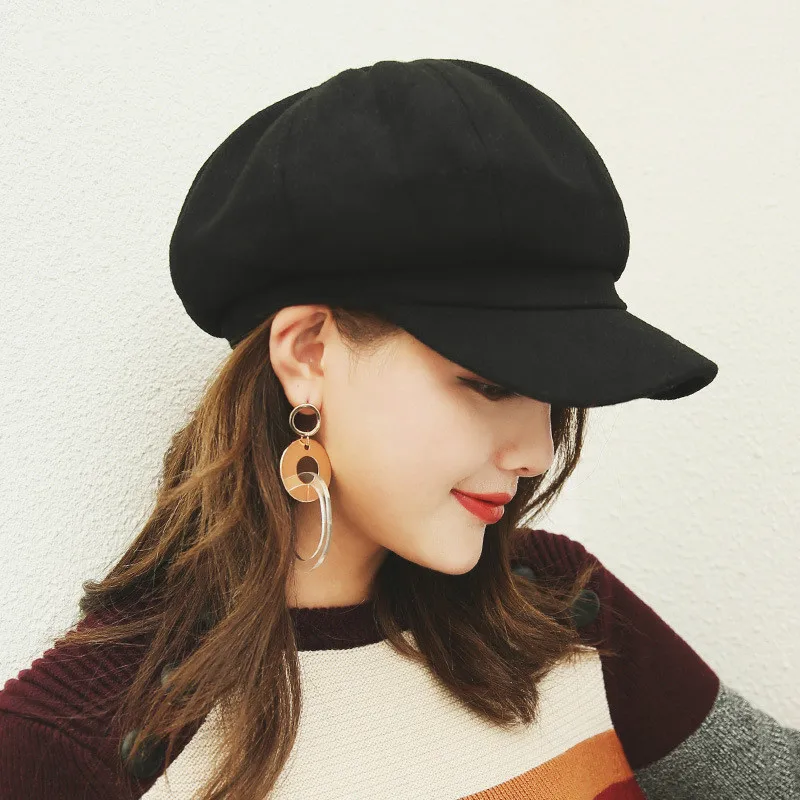 

Women Wool Cotton Blend Berets Winter Autumn Octagonal Beret Caps Stylish Artist Painter Newsboy Hats Black Grey Beret Hats