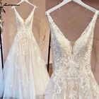 Свадебные платья Lakshmigown с цветочной аппликацией 2022, свадебные платья с V-образным вырезом и открытой спиной, трапециевидного силуэта со шлейфом, фатиновые свадебные платья, платье Mariee