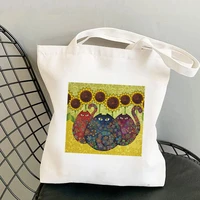 2021 shopper cats with sunflowers printed tote bag women harajuku shopper handbag girl shoulder shopping bag lady canvas bag