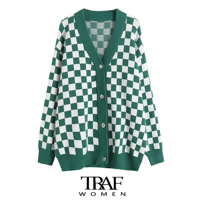 

TRAF Women Fashion Oversized Check Knit Cardigan Sweater Vintage Long Sleeve Button-up Female Outerwear Chic Tops