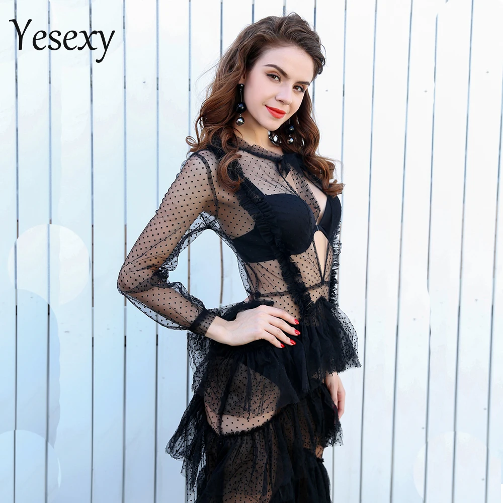 Yesexy 2021 с О образным вырезом длинным рукавом Прозрачная Сексуальное Платье