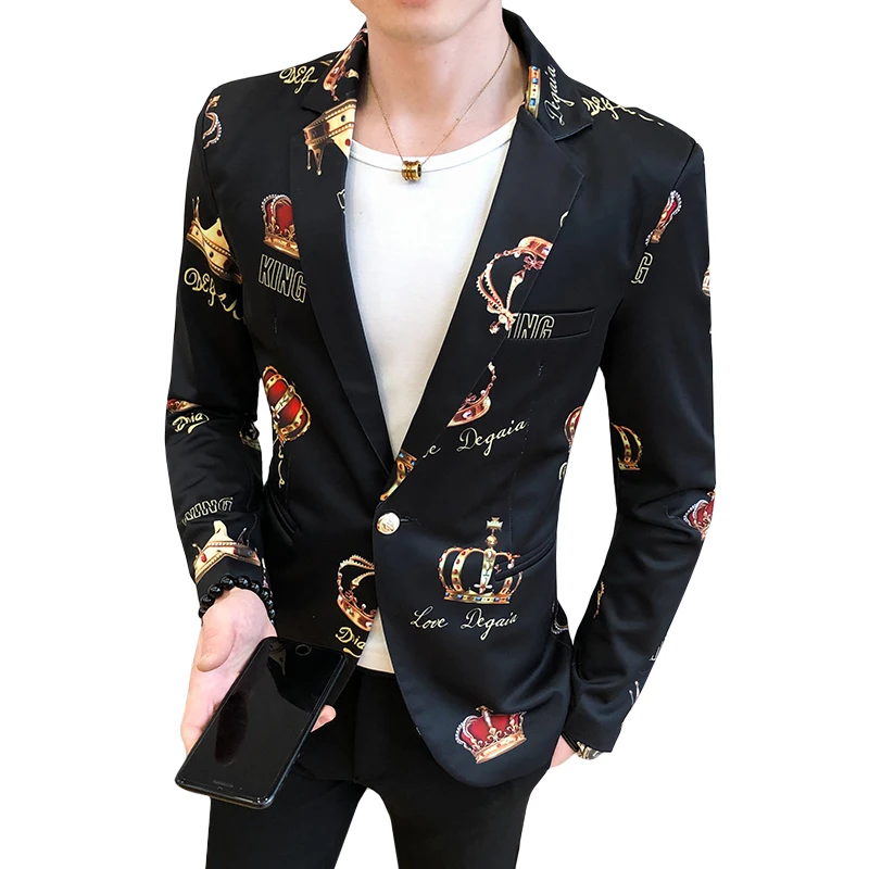 

Crown Printed Luxury Men Blazers Casual Suit Jacket Wedding Business Slim Blazer Masculino Street Wear Social Coat Costume Homme