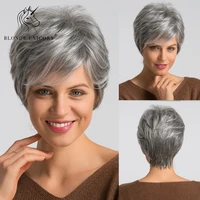 blonde unicorn fluffy pixie cut short hair wigs ash gray black ombre highlights blend human hair wig with side bangs for women