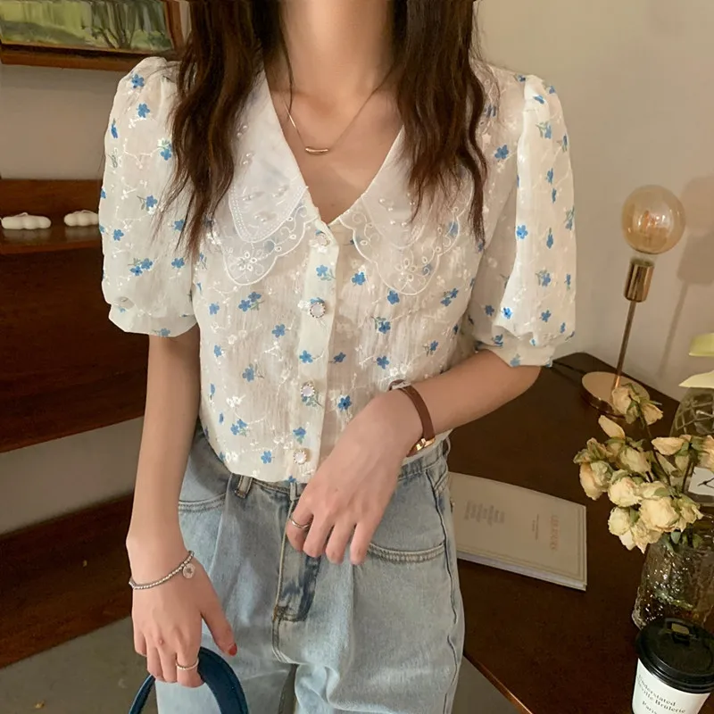 

Новая нежная винтажная кружевная женская рубашка Hzirip с отложным воротником и жемчужинами 2021, Элегантная Модная Повседневная рубашка с коро...