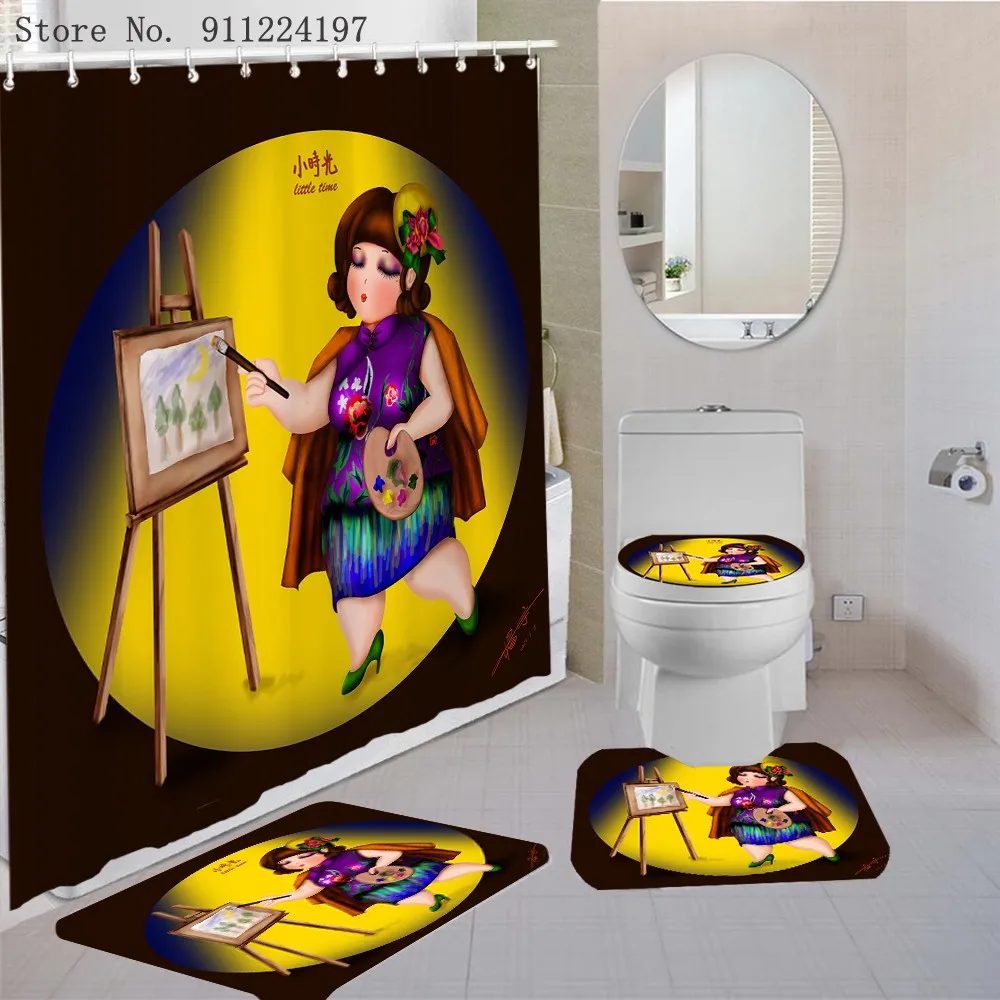 Fat Funny Woman Printing Shower Curtain Four Piece Carpet Cover Toilet Cover Bath Mat Japanese Bathroom Curtain With 12 Hooks enlarge
