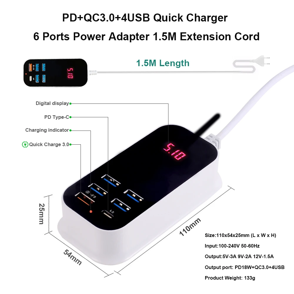 Сетевое зарядное устройство с 6 USB-портами USB Type-C и цифровым дисплеем | Мобильные