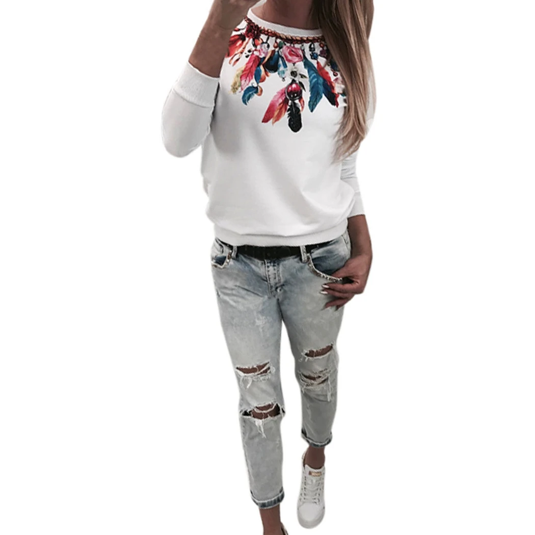 Женские белые футболки с принтом перьев Футболки женские круглым вырезом и