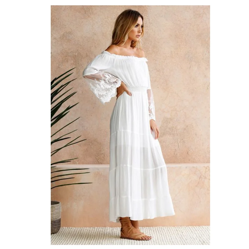 

Women Dress Summer 2021 New Fashion Backless Strapless Female One Shoulder Patchwork Lace High Waist Slim Casual Bohemian Dress