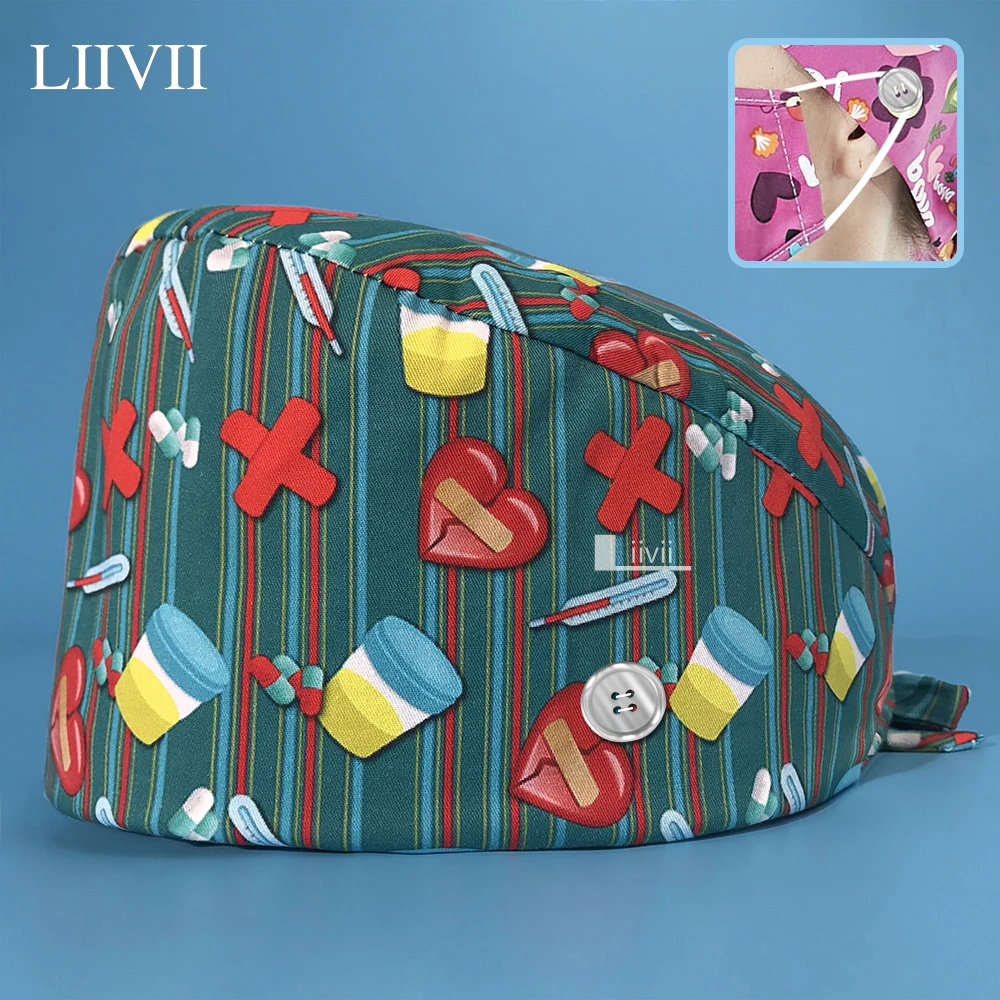 

Шапка с пуговицами для женщин, хлопковая впитывающая пот шапка для врачей и медсестер, для операционной