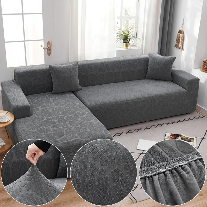 

Jacquard Plush Fabric Gray Sofa Cover For Living Room Solid Color All-inclusive Modern Elastic Corner Couch Slipcover 45010