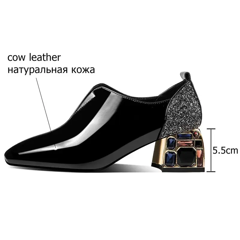 

ALLBITEFO nature genuine leather high heels fashion Rhinestone decoration high heel shoes elegant square toe women heels