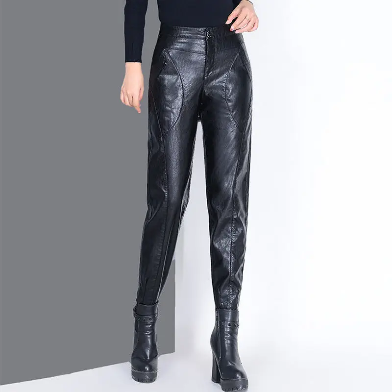 

Womens Fashion Leather Pants Female High Waist Harem Pants Autumn Korean Pantalettes Women's Leather Pencil Pants Baggy Trousers