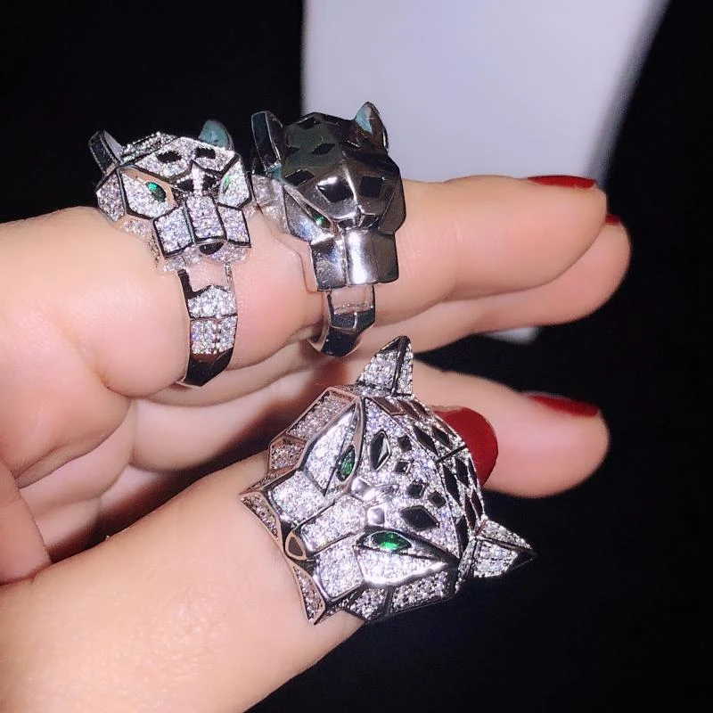 Кольцо на палец с головой леопарда и фианитами стильное Ювелирное Украшение