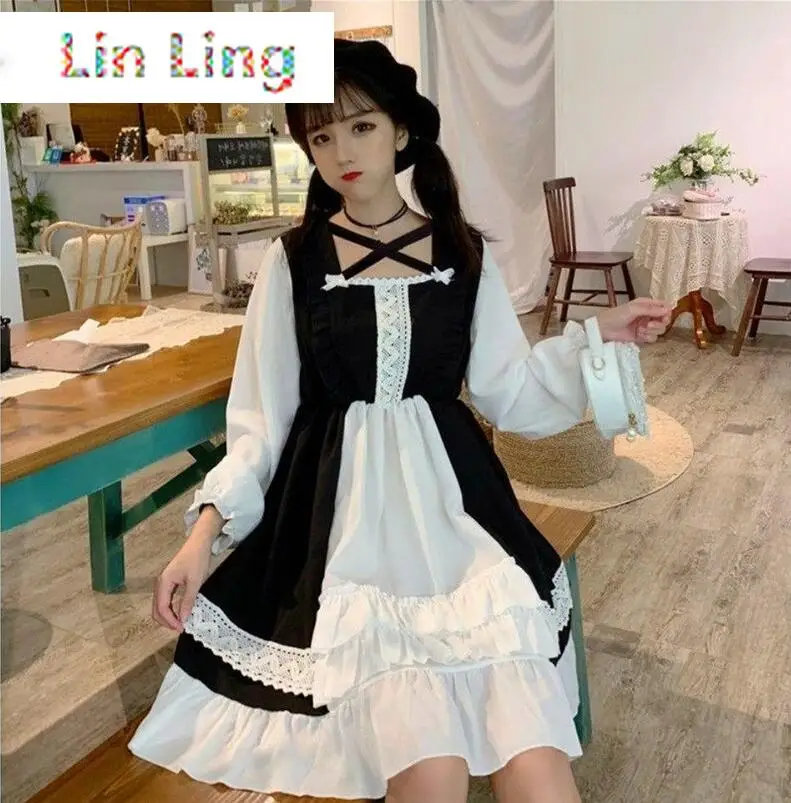 

LINLING New Lolita Style Long Sleeve Dress Women Maid Costume Dress Kawaii Loose Women Dress Costume Sweet Black Dress M-L