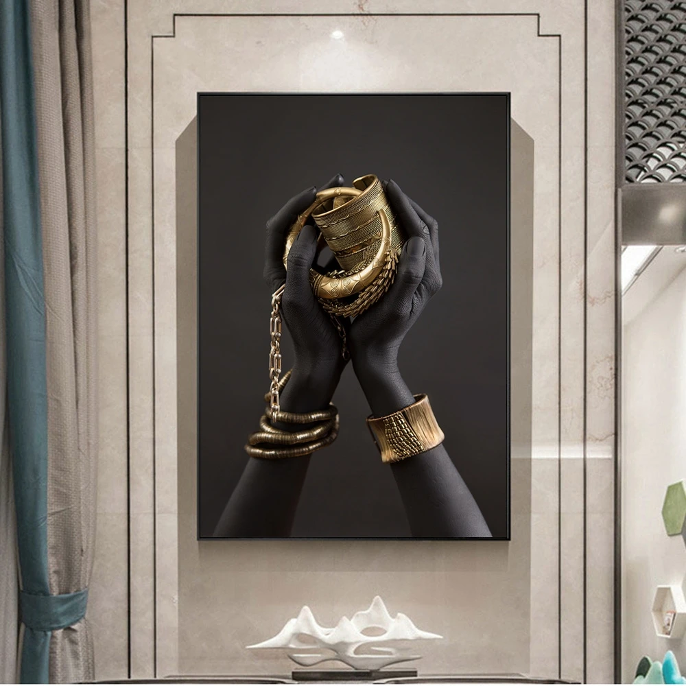 

Modern Black Woman's Hand with Gold Jewelry Canvas Paintings Wall Art Posters and Prints African Art for Home Decor NO FRAME