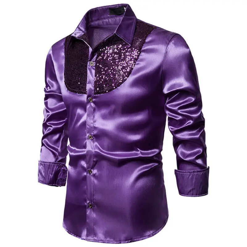 

Men top Stage Dance Nightclub Prom Costume Men's Luxury Sequin Glitter Shirts Long Sleeve Silk Satin Shiny Disco Party Shirt