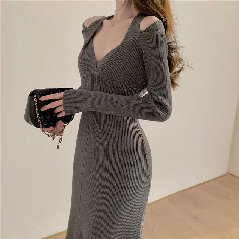 

WSYORE Autumn and Winter Long Sweater Dress Female Sexy Slim Knitted Long-sleeve Dress Women Spring Split Maxi Dress NS2721