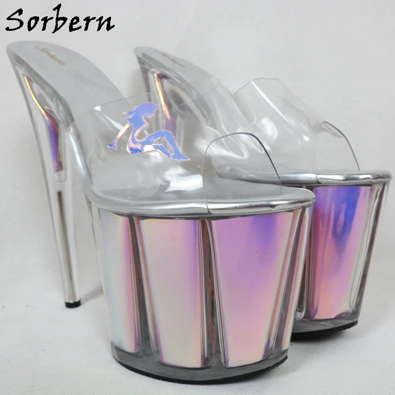 Sorbern/Новые голографические шлепанцы на каблуке 8 дюймов женские летние туфли