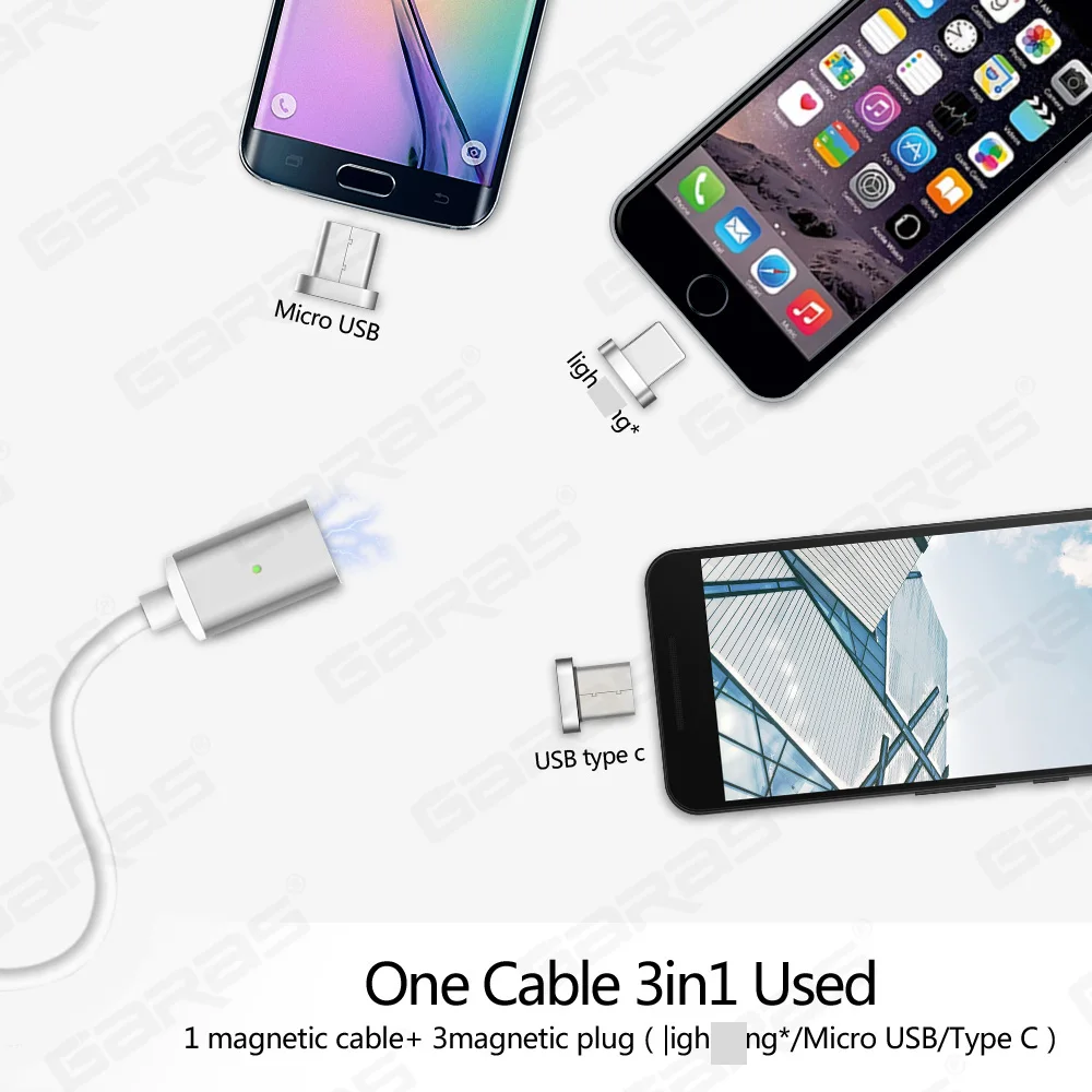 Магнитный кабель GARAS USB Type C/Micro 3 в 1 USB-C адаптер для быстрой зарядки магнитный
