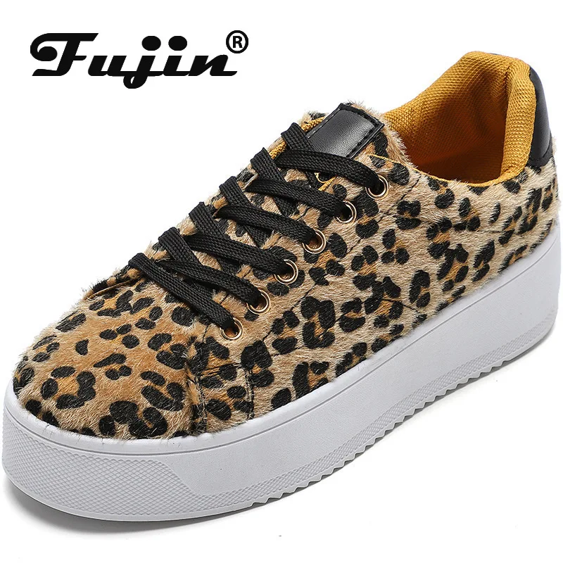 Женские кроссовки Fujin дышащие на толстой подошве с леопардовым принтом для