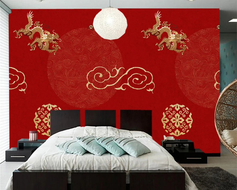 Papelデparede Oriental Dragonパターン赤背景中国風の壁紙壁画 リビングルームの寝室の壁論文の家の装飾 壁紙 Aliexpress